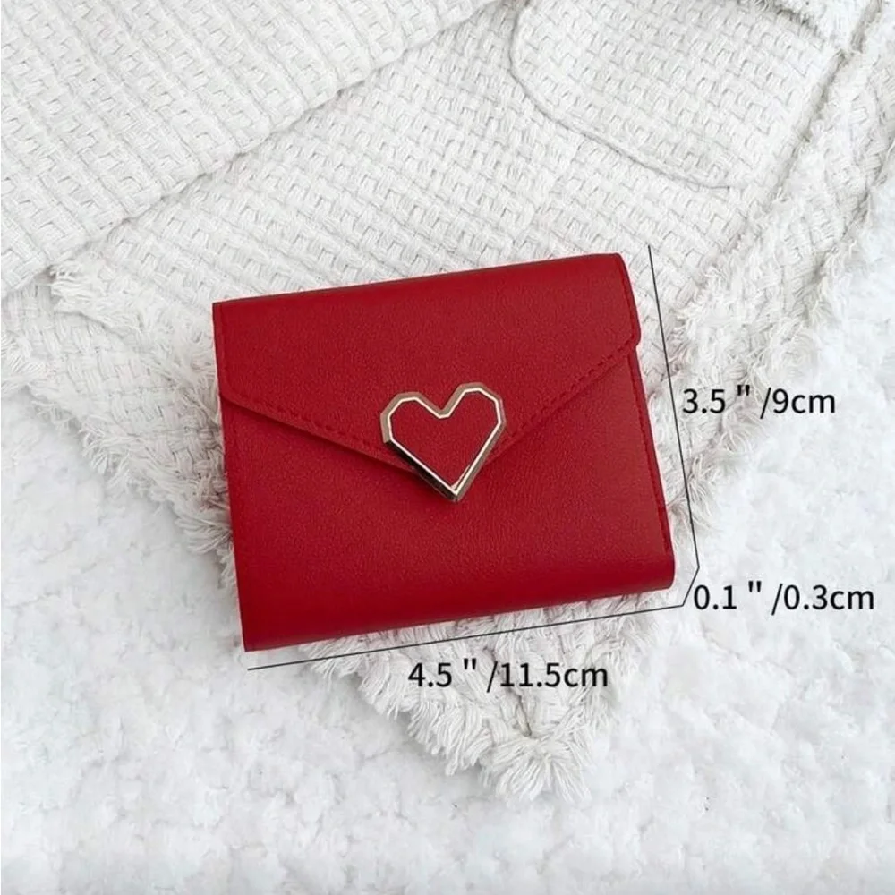 Red Faux Leather Tri-fold Wallet With A Geometric Hold Heart Tone Buckle